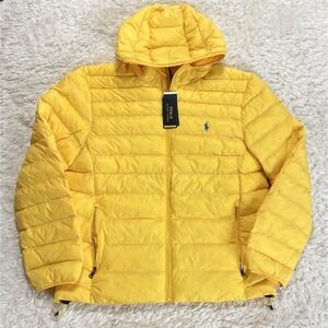 Polo Ralph Lauren Men's Yellow Hooded Packable Puffer Jacket Coat Size Large NWT